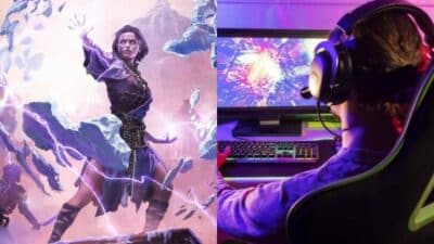 Fantasy game character with magic powers and a gamer at a computer immersed in a vibrant digital world.