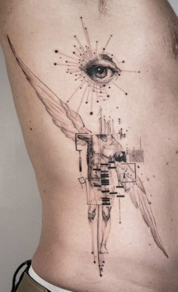 Abstract tattoo of a geometric angel and eye design on a person's ribcage, featuring lines and dot patterns.