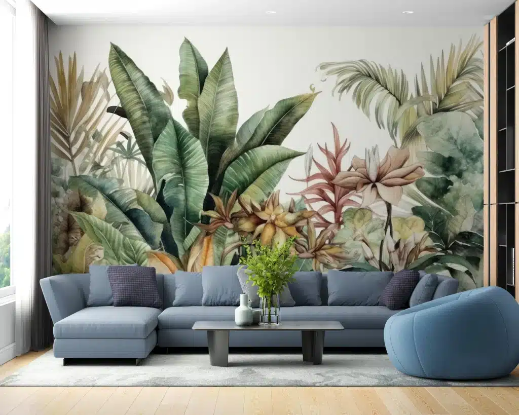 Stylish living room with blue sofa, tropical wall mural, and modern decor, creating a cozy, nature-inspired space.