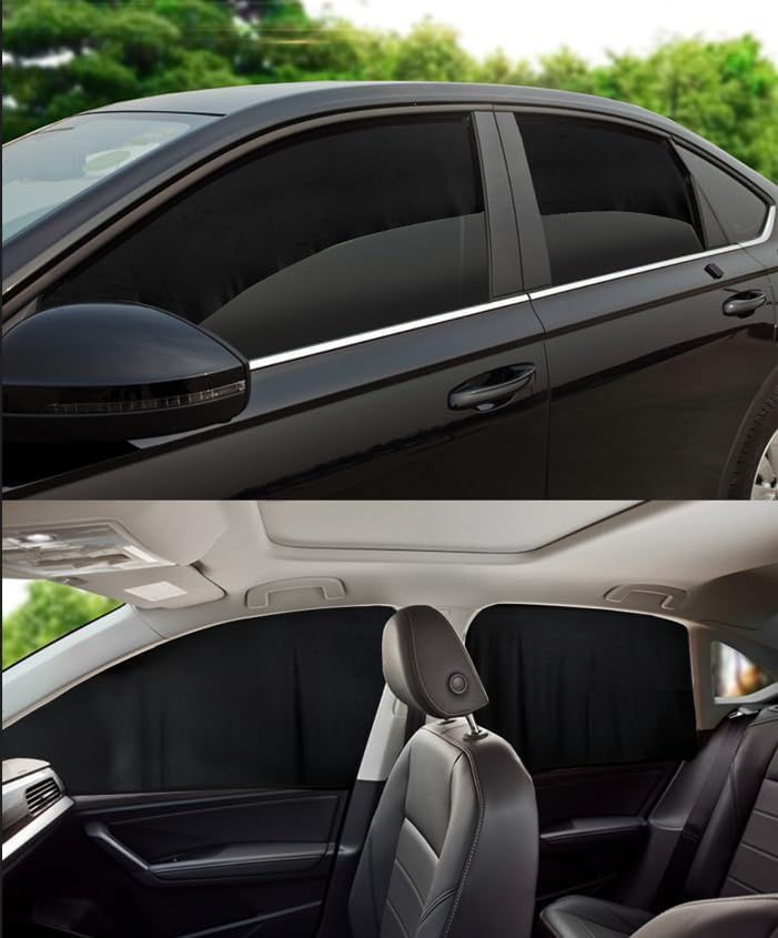 Car with black privacy shades applied, view from outside and inside, enhancing security and privacy on the road.