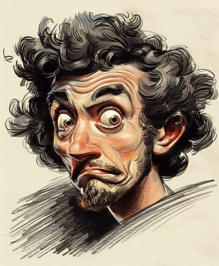 Caricature of a surprised man with curly hair and expressive eyes, sketched with detailed lines on a beige background.