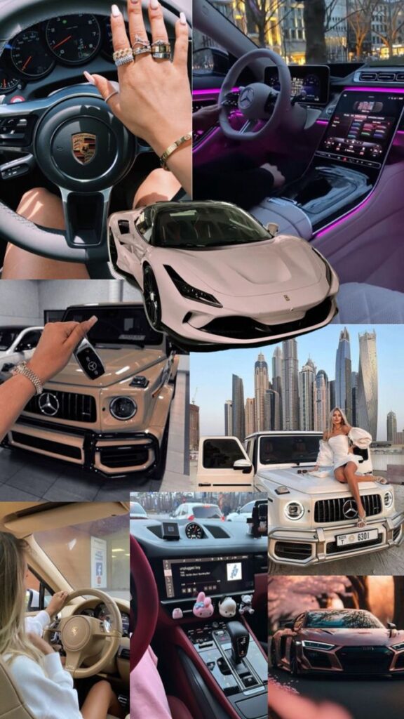 Luxury cars collage featuring Ferrari, Mercedes, Porsche interiors, and a cityscape background.