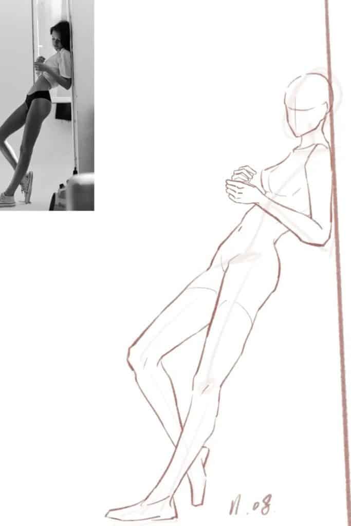 Illustration of a person standing against a wall, based on a black and white photograph. Minimalist sketch style.