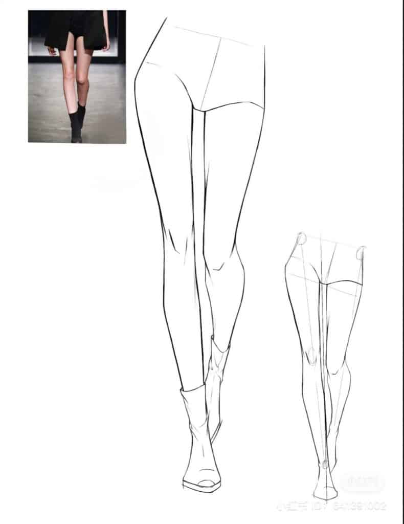 Fashion sketch comparison of runway model's legwear illustrating design and posture elements.
