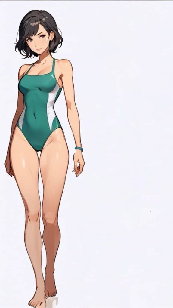 Anime character in a green and white swimsuit standing confidently on a plain background.