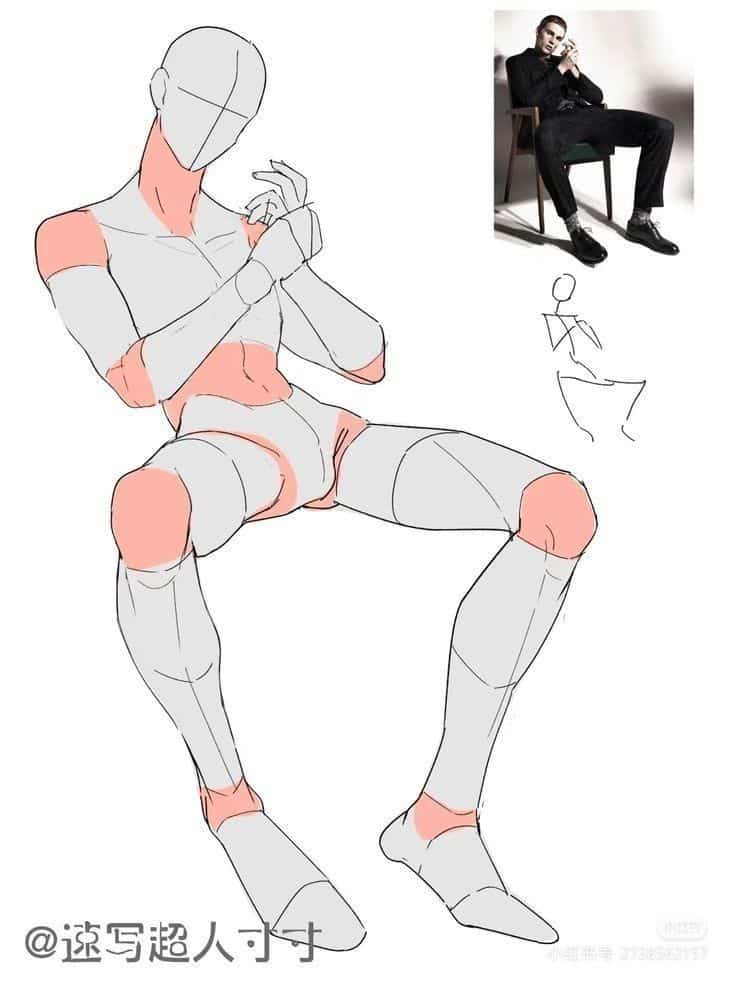 Sketch of a seated figure with colored joints, referencing a posed model in a chair.