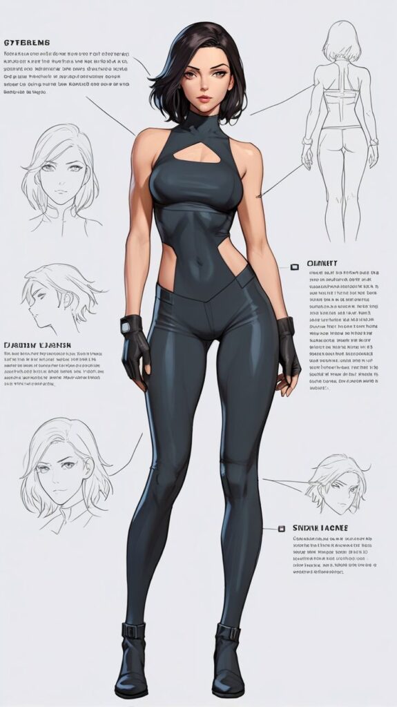 Illustration of a character design with black outfit, front and back views, and facial sketches.