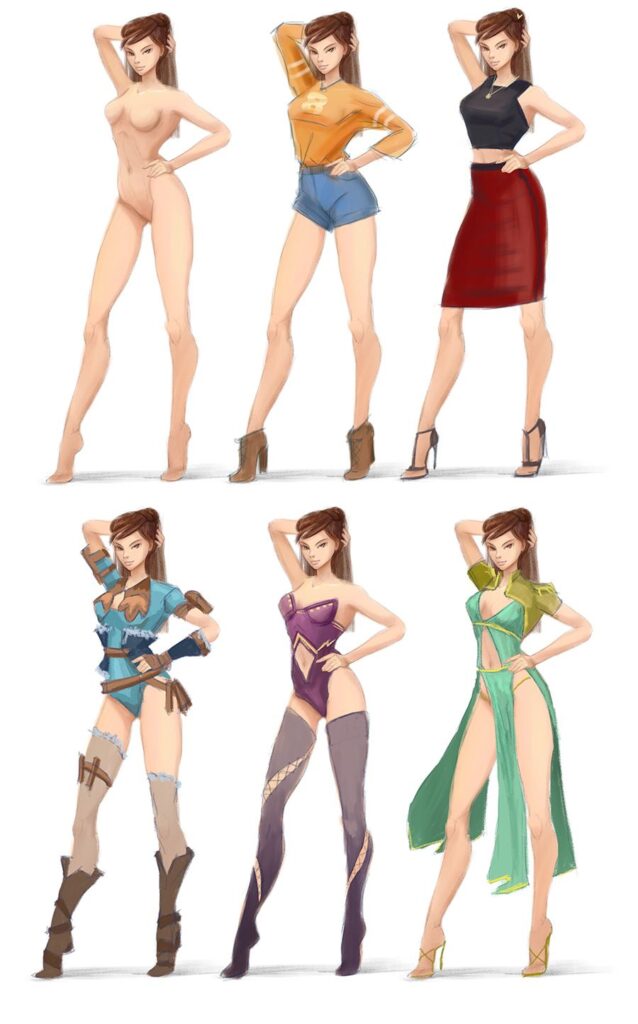 Digital art showcasing a woman in six outfits, from casual to fantasy-themed, posing confidently with hand on hip.