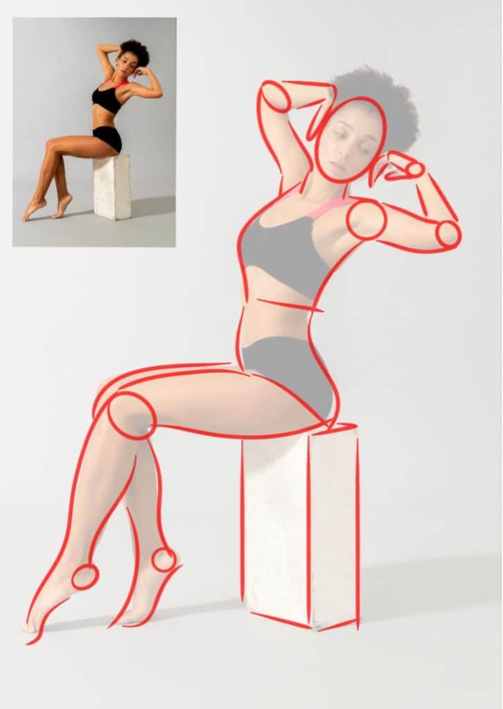 Model posing on a block, with sketched outline overlay, in black underwear against a neutral background.
