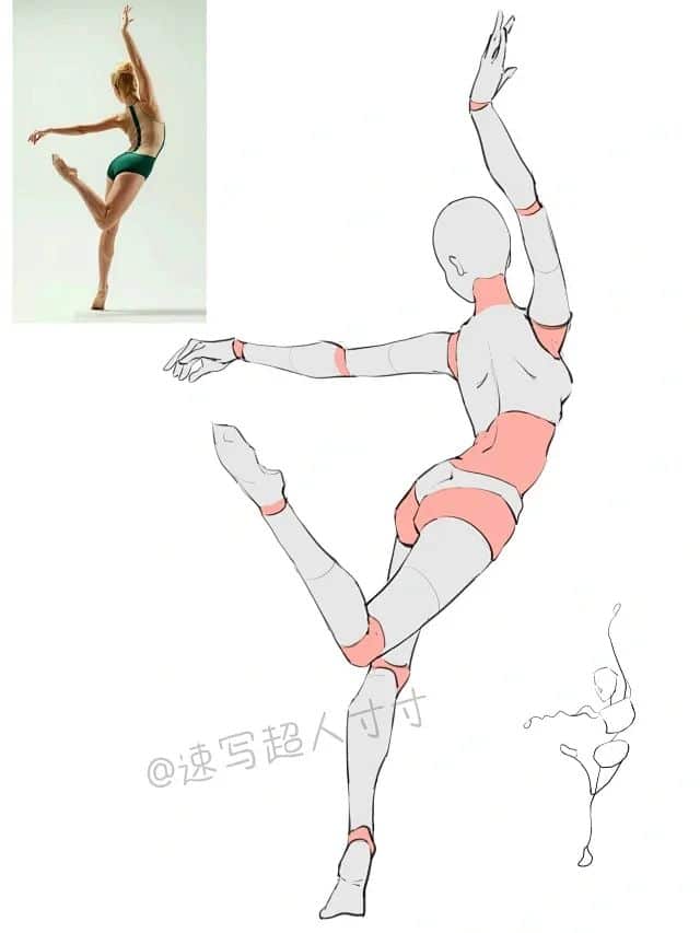 Ballet dancer in a dynamic pose with accompanying anatomical drawing, showcasing movement and posture.