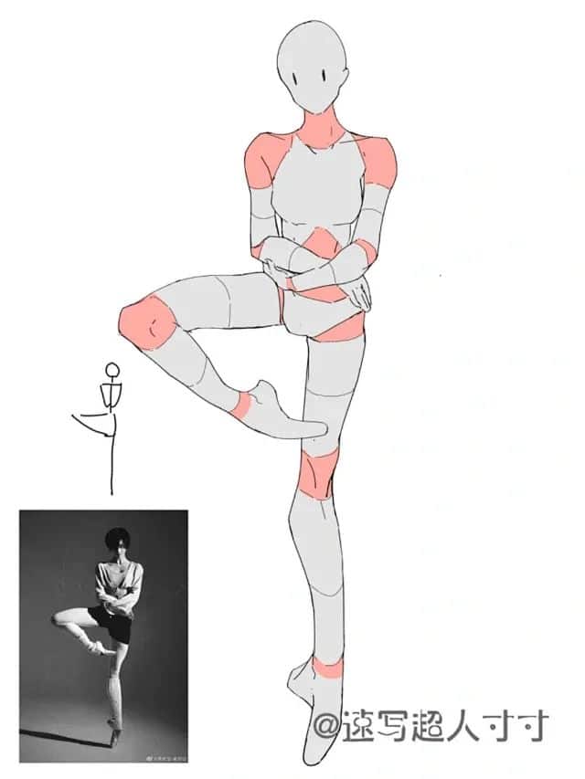 Illustration of a mannequin in a ballet pose with a reference photo in grayscale.