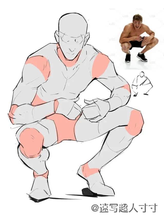 Sketch of a crouching figure with red highlights, referencing a crouched man, illustrating anatomical proportions.