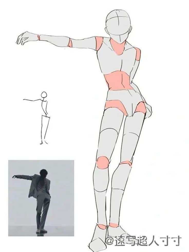 Artistic drawing reference showing human figure posing with highlighted anatomy sections.