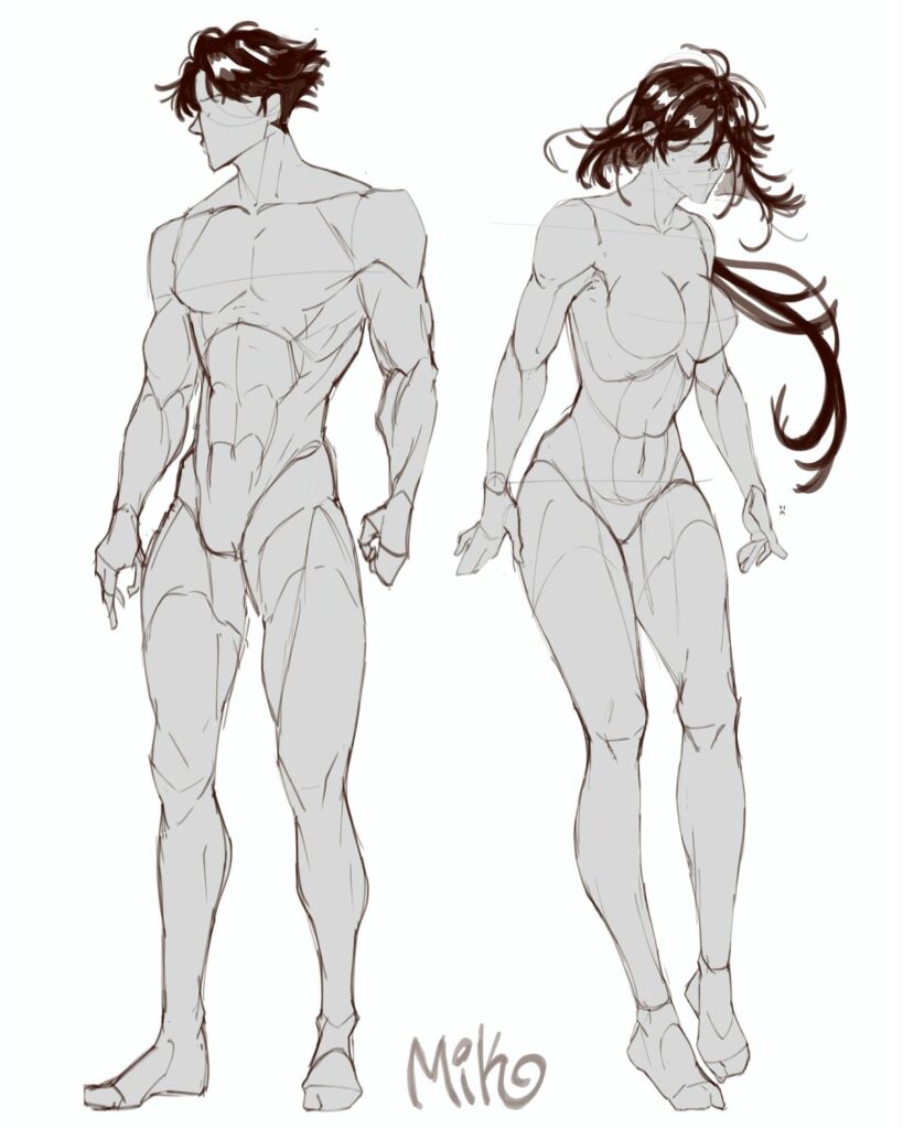 Sketch of male and female anatomical figure studies with detailed musculature and dynamic poses.