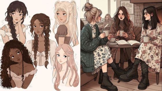 Character design tips Illustrated characters and friends talking in a cozy cafe, sipping drinks, and sharing moments in warm, casual outfits. | Sky Rye Design Illustrated characters and friends talking in a cozy cafe, sipping drinks, and sharing moments in warm, casual outfits.