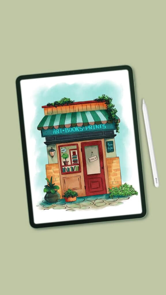 Tablet displaying illustration of a quaint bookstore with plants, titled Art Books Prints and an open door sign.