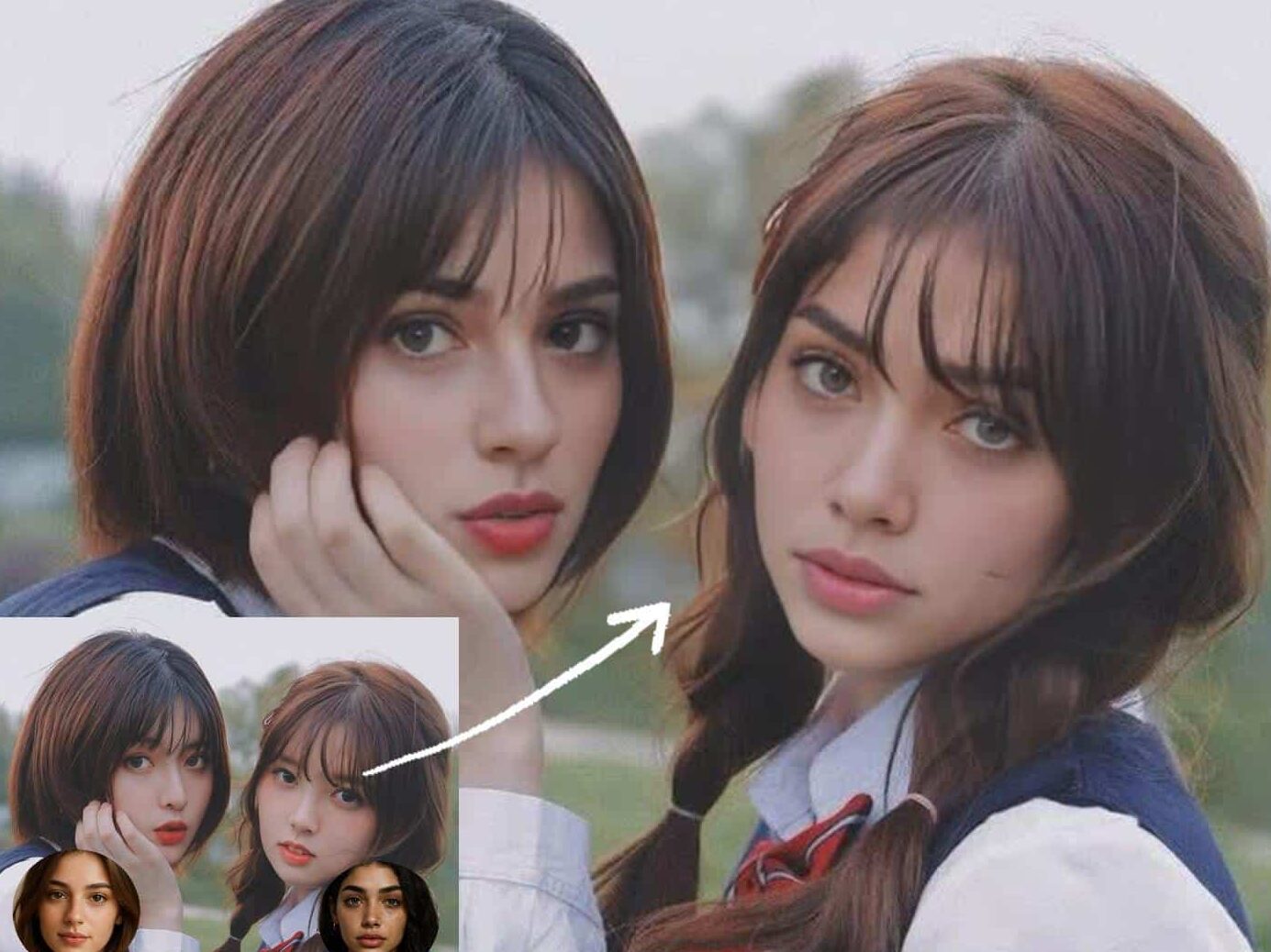 Two young women in school uniforms posing outdoors with serious expressions.