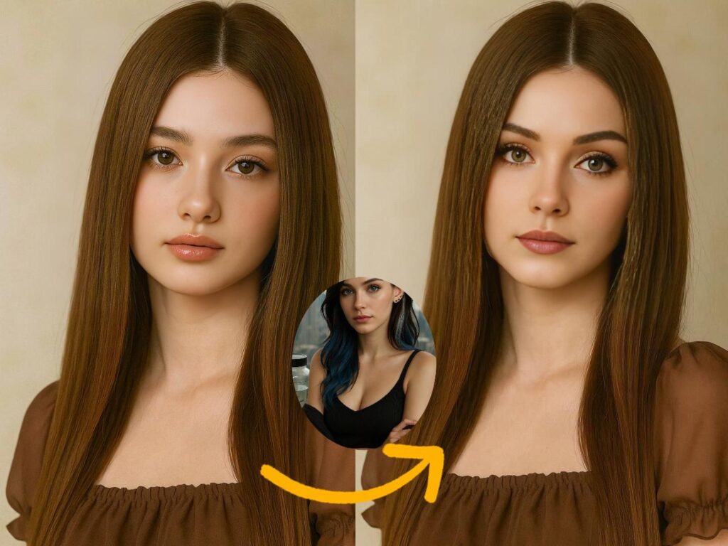 Side-by-side comparison of two brunette women with a transformation arrow and a small inset image.
