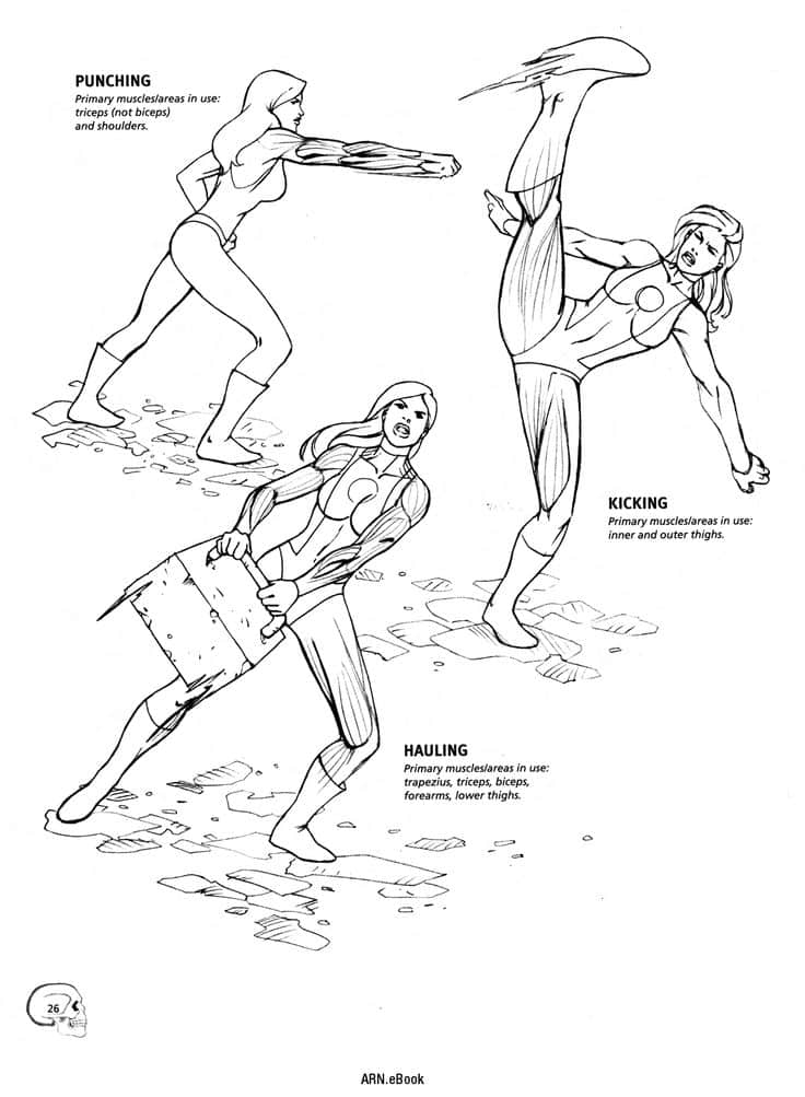 Illustrated female superhero performing punching, kicking, and hauling moves, highlighting muscle engagement.