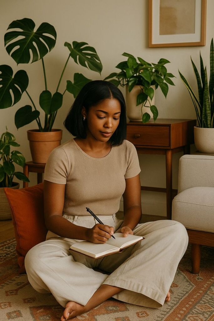 Woman sitting on floor, writing in notebook, surrounded by indoor plants and cozy decor.