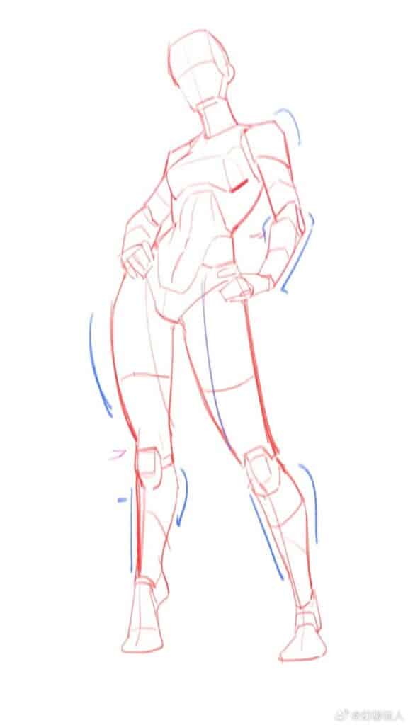 Sketch of a human figure with dynamic pose, showcasing a framework of basic shapes and lines for drawing practice.