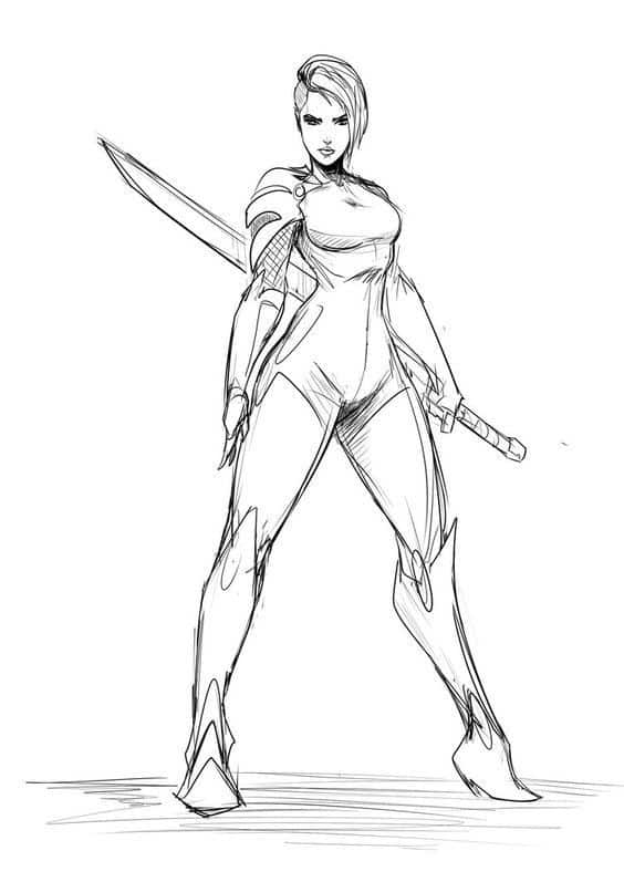Sketch of a warrior woman in armor, wielding a sword, stands confidently. Black and white line art.