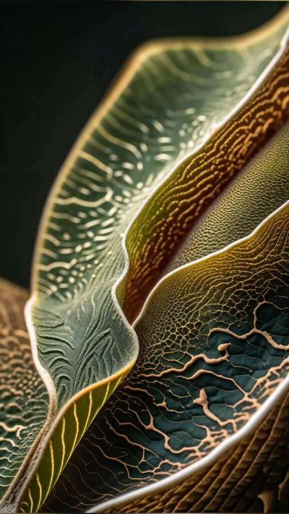 Close-up of layered textured green leaves with intricate patterns, showcasing natural beauty and organic detail.