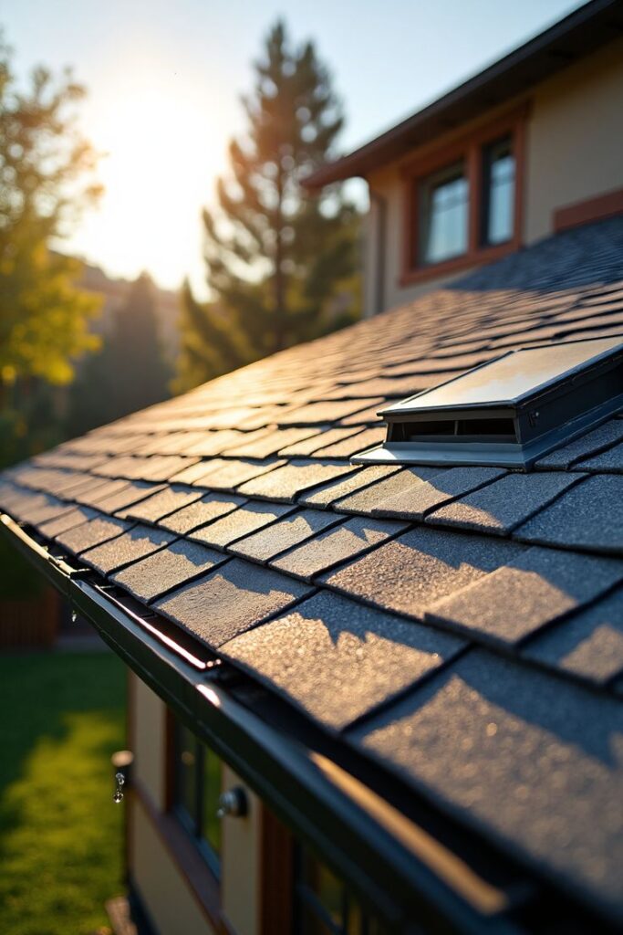 Sunlit house roof with shingles and skylight at sunrise, highlighting modern home roofing materials.