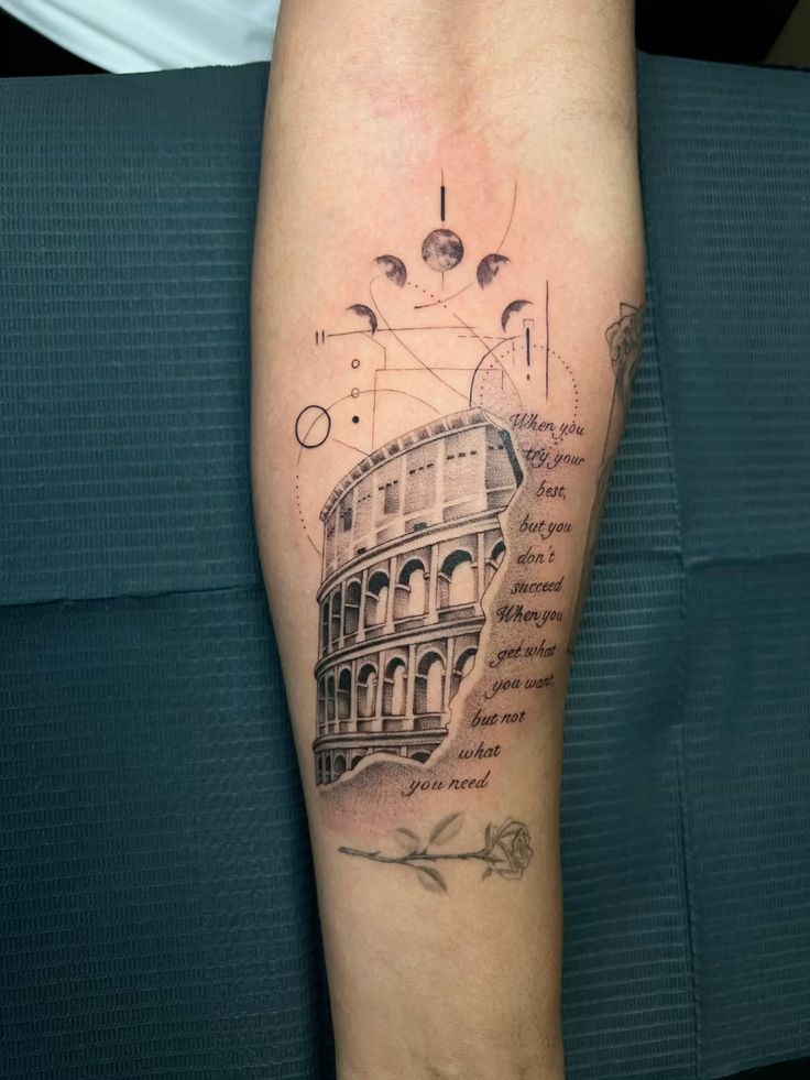 Detailed tattoo featuring the Colosseum, moon phases, and a rose on an arm with text about perseverance.