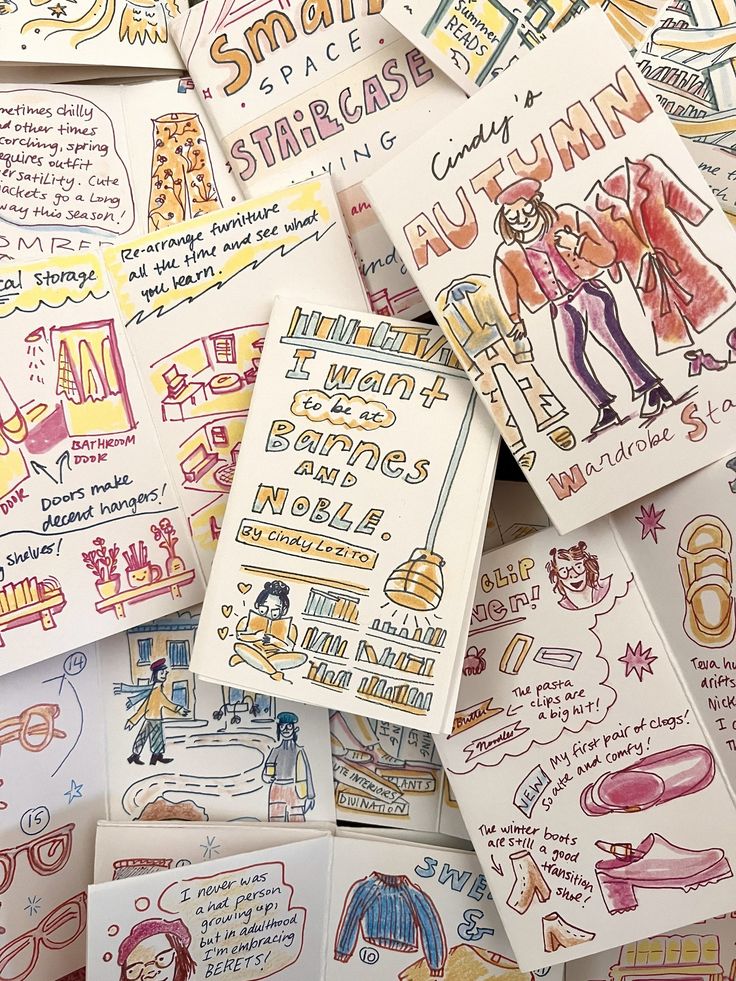 Colorful illustrated zines stacked together, featuring text and hand-drawn images about autumn fashion and books.