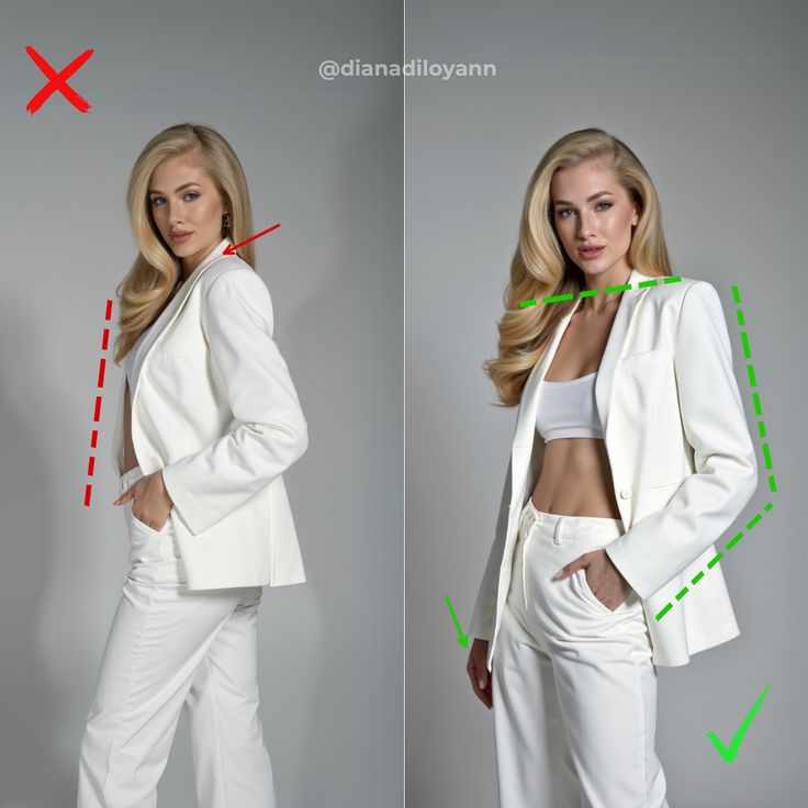 Fashion posing comparison: incorrect posture vs. correct posture in a white outfit.
