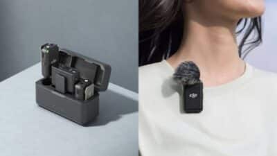 Wireless microphone set on a table and in use by a person, showcasing portability and design.