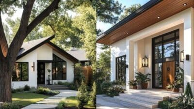 Modern house exterior with large windows, lush greenery, and a welcoming entrance.