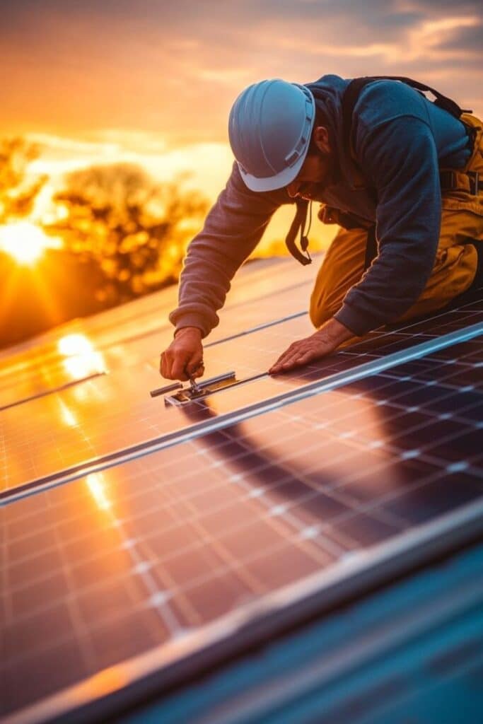 Comprehensive DIY Solar Panel Installation Technician installing solar panels on rooftop during sunset, promoting sustainable energy solutions. | Sky Rye Design Technician installing solar panels on rooftop during sunset, promoting sustainable energy solutions.