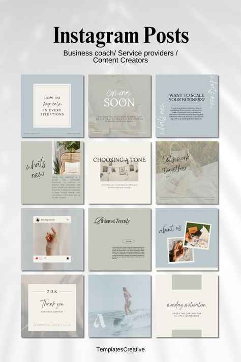 Collage of Instagram post templates for content creators and business coaches, featuring trendy and motivational designs.