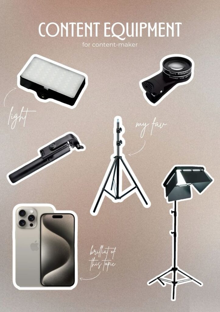 Content creation equipment including lighting, smartphone, lens, tripod, and microphone setup for content makers.