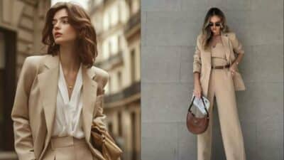 Two women in stylish beige suits: one in an urban setting, the other against a gray wall, both exuding elegance.