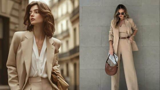 Continental Fashion Trends Shaping Modern Creative Aesthetics Two women in stylish beige suits: one in an urban setting, the other against a gray wall, both exuding elegance. | Sky Rye Design Two women in stylish beige suits: one in an urban setting, the other against a gray wall, both exuding elegance.