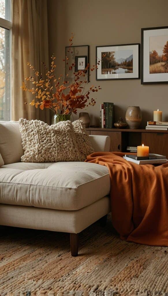 Cozy living room with beige sofa, autumn decor, orange throw, and lit candles for a warm, inviting atmosphere.
