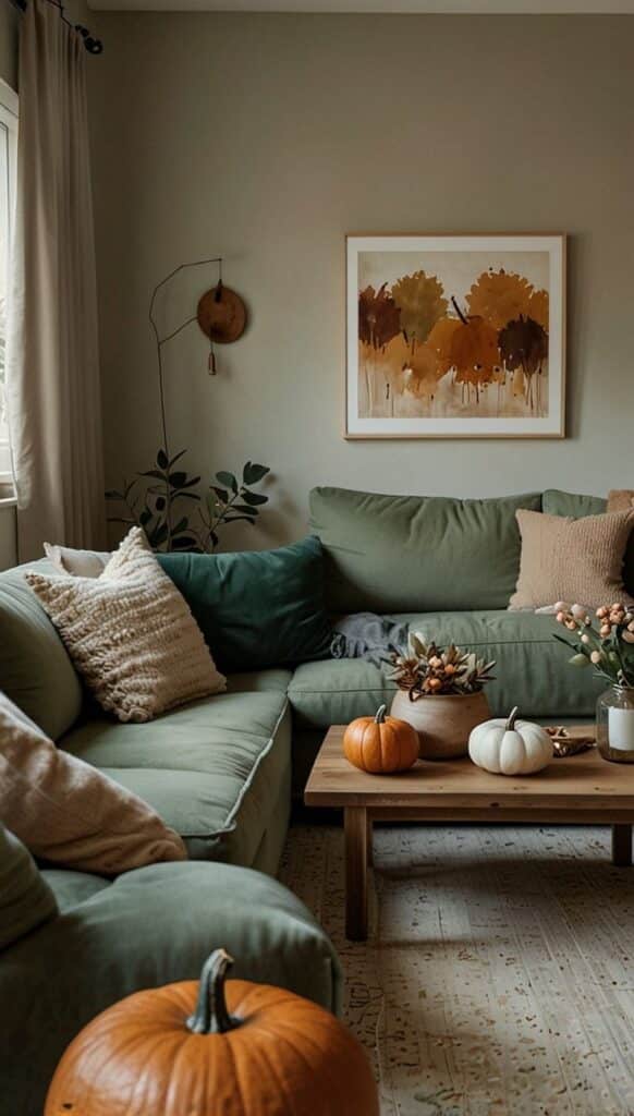 Cozy living room with green sofa, fall decor, pumpkins, and a nature painting on the wall. Perfect autumn ambiance.