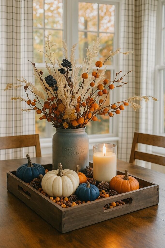 Cozy Fall Centerpiece with Navy Orange Accents 🍂🎃 Autumn centerpiece with pumpkins, candle, and dried flowers in a rustic vase on a wooden table. Cozy fall decor. | Sky Rye Design Autumn centerpiece with pumpkins, candle, and dried flowers in a rustic vase on a wooden table. Cozy fall decor.