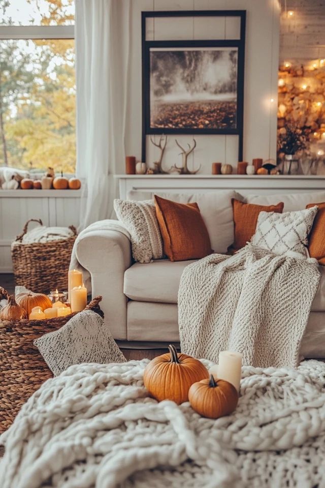 Cozy fall living room with white sofa, orange cushions, knitted blankets, pumpkins, and candles. Warm autumn decor.