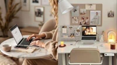 Cozy dual workspace with laptops, candles, and decor. Modern and minimalistic home office setup.