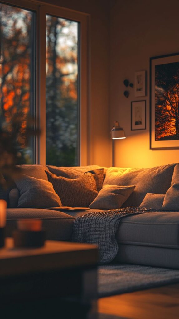 Cozy living room with a beige sofa, warm lighting, and window views of orange sunset. Perfect for relaxation.