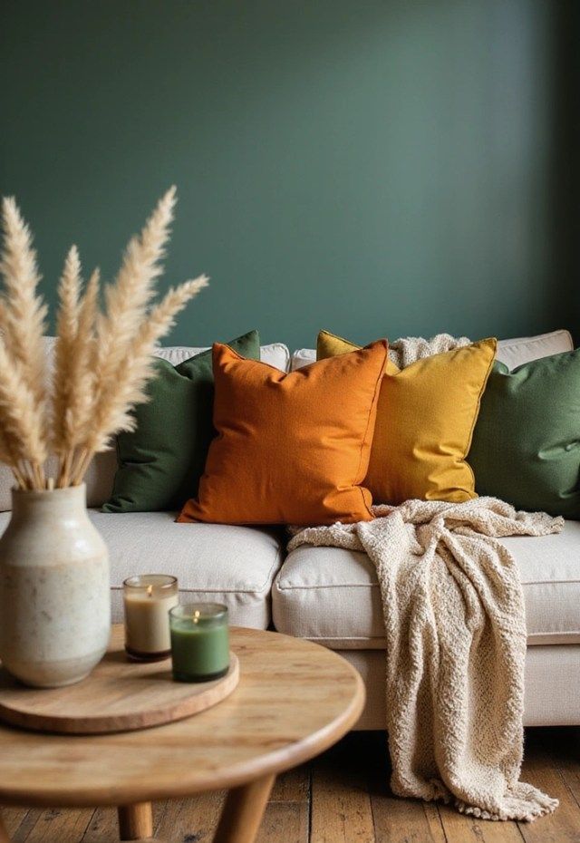 Cozy living room with colorful pillows on a beige sofa, textured throw, and candles on a wooden table.