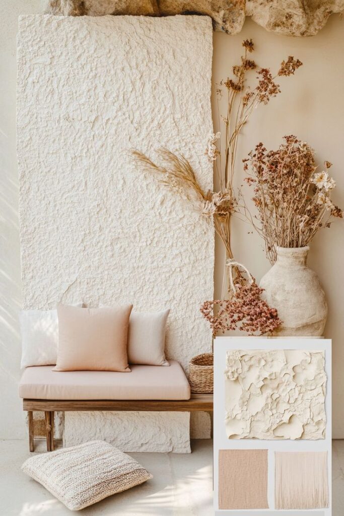 Cozy Minimalist Living Space _ Уютное минималистичное пространство Minimalist rustic decor with beige pillows, textured wall, dried flowers in vase, and neutral color palette swatches. | Sky Rye Design Minimalist rustic decor with beige pillows, textured wall, dried flowers in vase, and neutral color palette swatches.