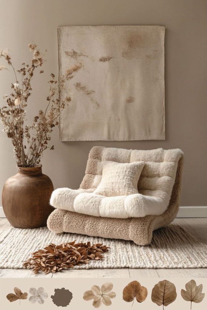 Cozy Neutral Lounge Chair _ Уютное Нейтральное Кресло Cozy living room with a plush beige chair, brown vase, dried plants, and abstract wall art for a serene ambiance. | Sky Rye Design Cozy living room with a plush beige chair, brown vase, dried plants, and abstract wall art for a serene ambiance.
