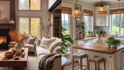 Cozy living room with fireplace and autumn decor; adjacent to a bright kitchen with wood accents and green plants.