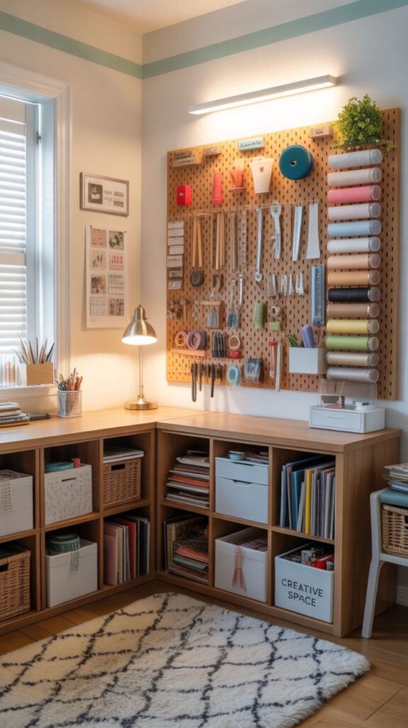 Craft room with organized tools, supplies on pegboard, and shelves in cozy workspace.
