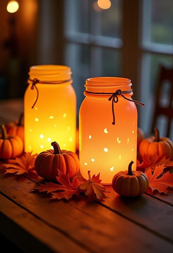 Cozy autumn decor with glowing mason jars, small pumpkins, and fallen leaves on a rustic wooden table.